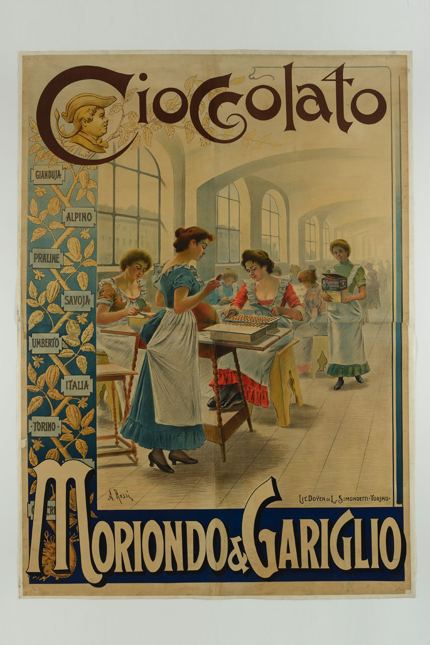 operaie in una fabbrica di cioccolato (manifesto, stampa composita) di Rossi A - ambito italiano (secc. XIX-XX)