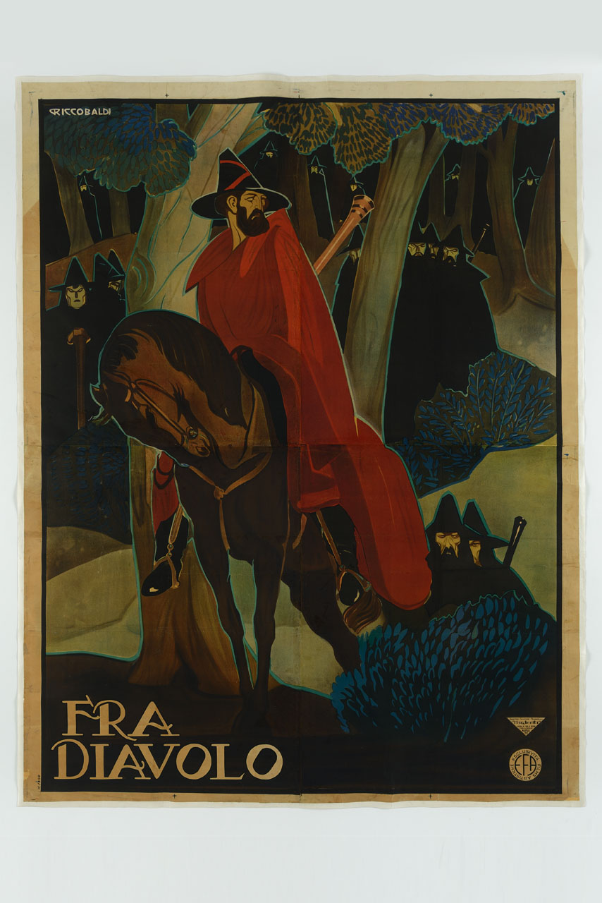 brigante a cavallo in una foresta popolata di briganti (manifesto, stampa composita) di Riccobaldi Del Bava Giuseppe (sec. XX)