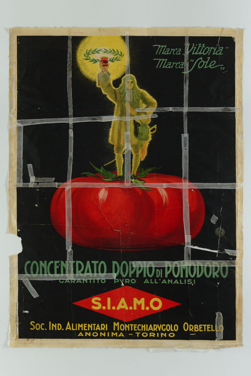 figura di re in piedi su un pomodoro con lattina di pomodoro coronata di alloro (manifesto, stampa composita) - ambito italiano (sec. XX)