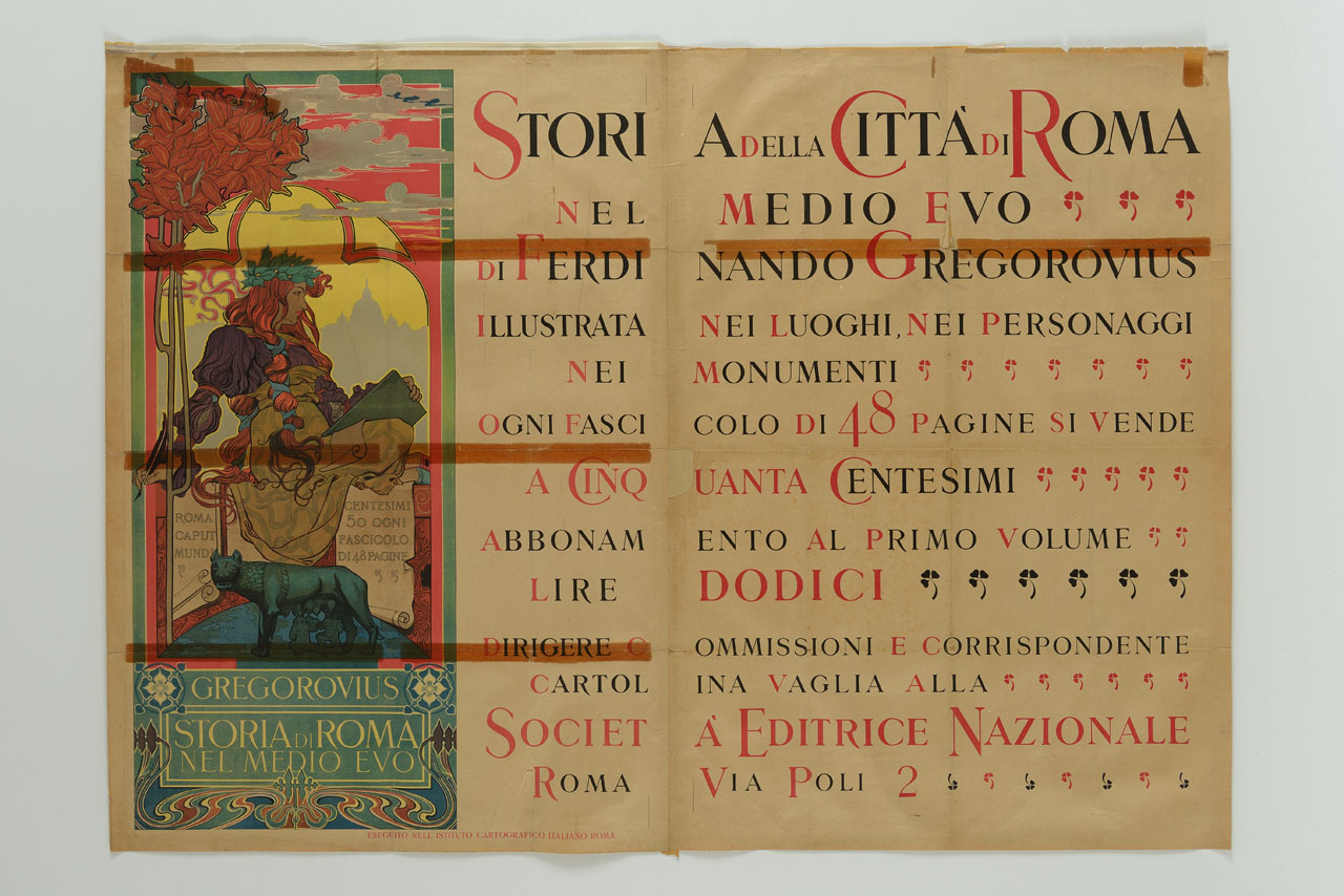 figura femminile con libro sullo sfondo di Roma (manifesto, stampa composita) - ambito italiano (secc. XIX-XX)