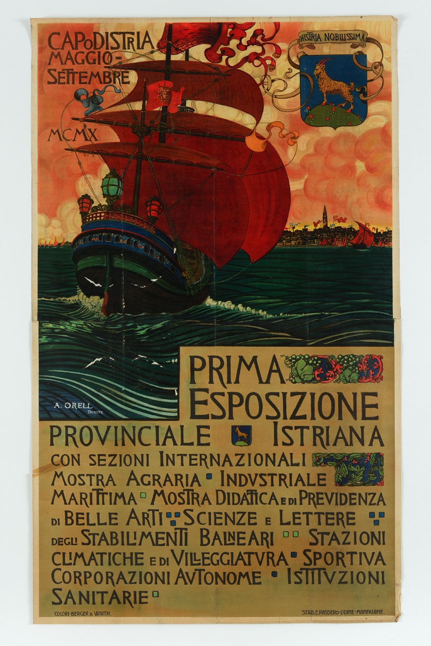 veliero in navigazione verso Capodistria (manifesto, stampa composita) di Orell Argio (sec. XX)
