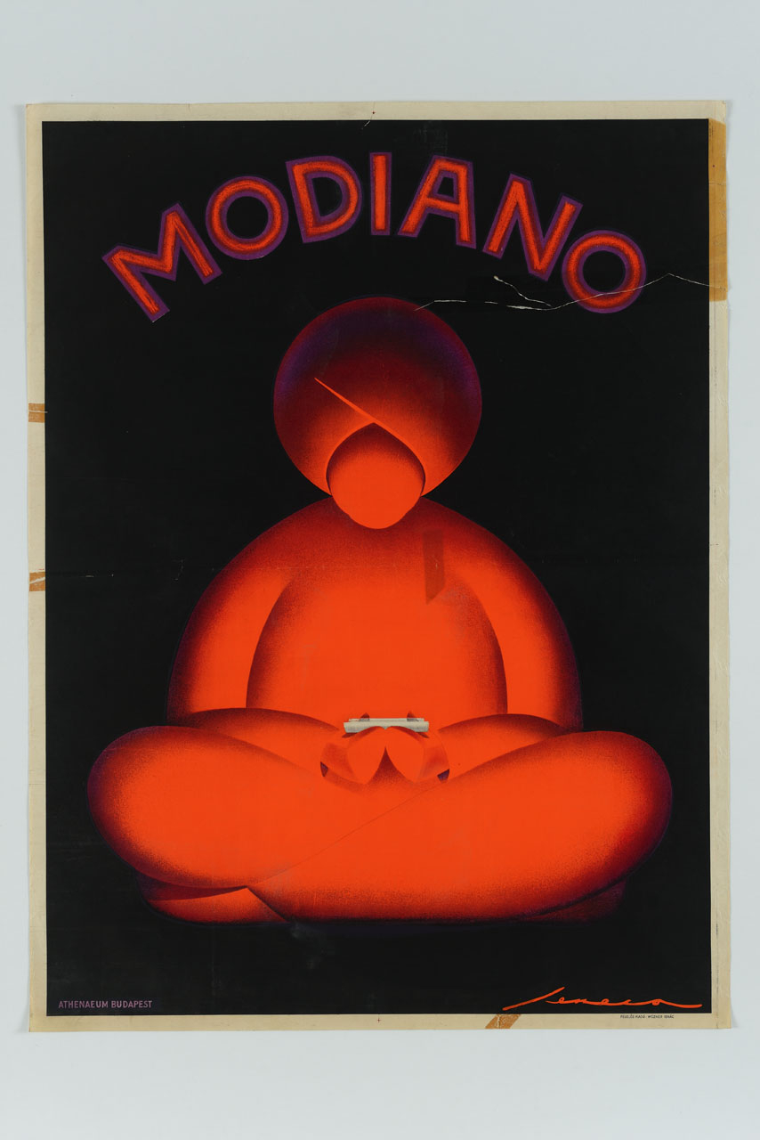 figura maschile stilizzata con turbante siede a gambe incrociate rollando una sigaretta (manifesto) di Seneca Federico (sec. XX)
