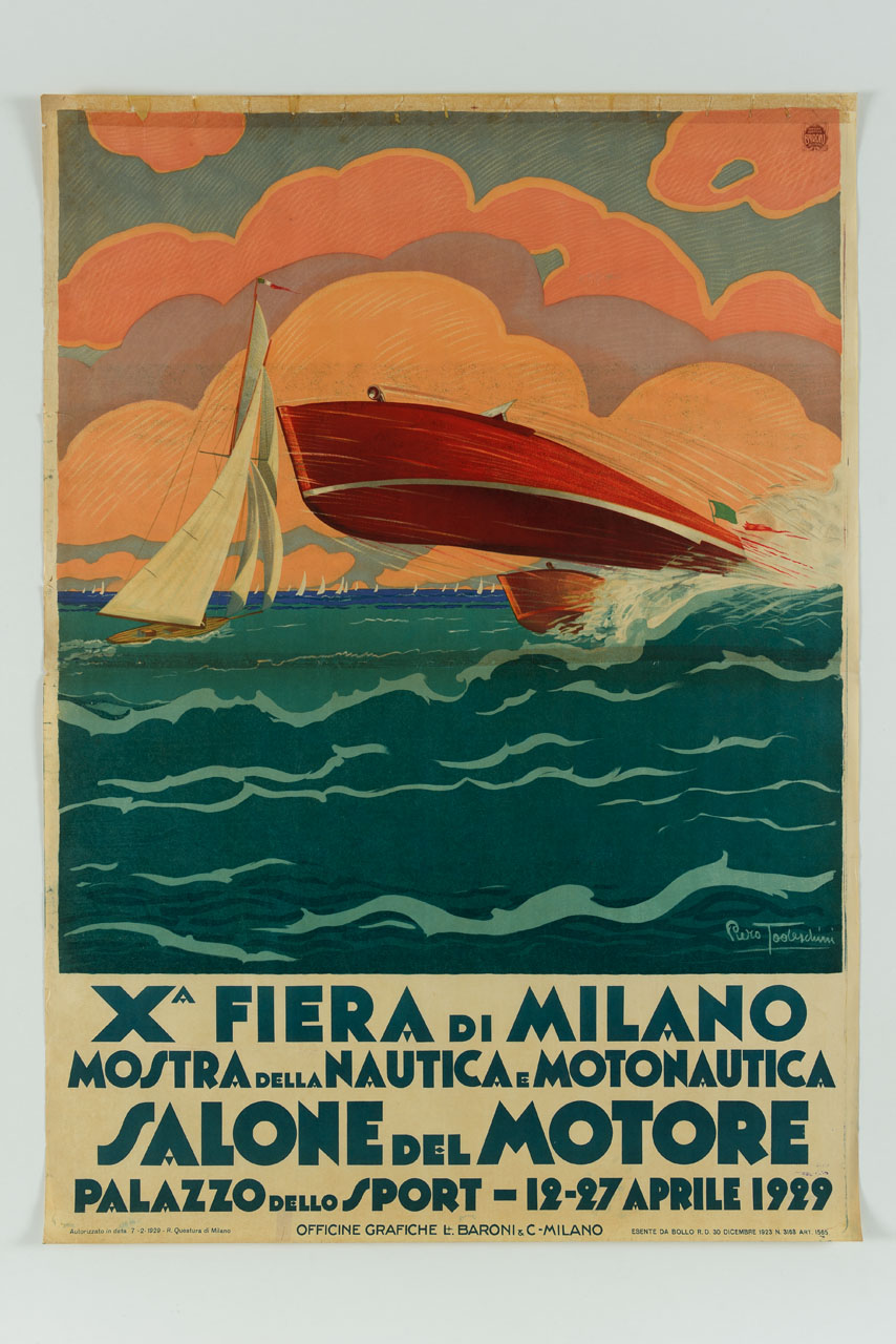 motoscafo ad alta velocità tra barche a vela (manifesto) di Todeschini Piero (sec. XX)