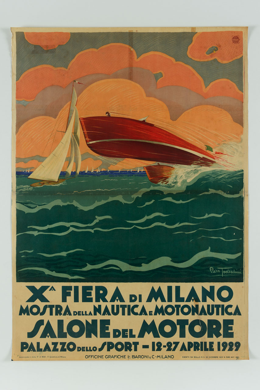 motoscafo ad alta velocità tra barche a vela (manifesto) di Todeschini Piero (sec. XX)