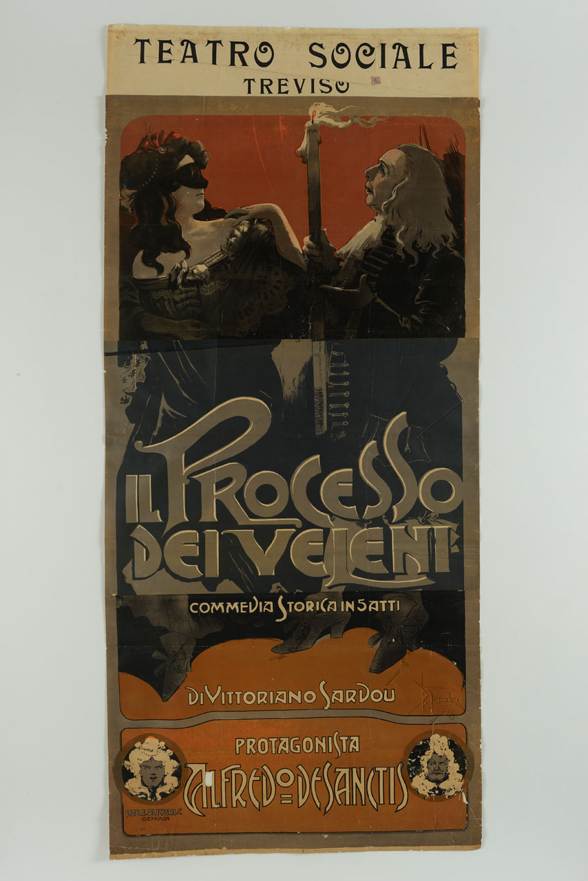 donna mascherata e uomo con cero (manifesto, stampa composita) di Garuti Giuseppe detto Pipein Gamba (sec. XX)