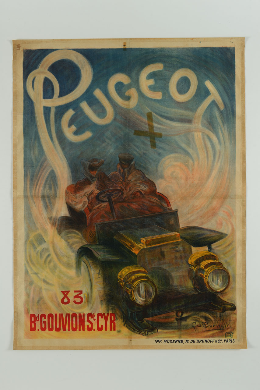 un uomo e una donna ben coperti sfrecciano su un'automobile componendo la scritta Peugeot (manifesto) di Dè Burggull G (sec. XX)