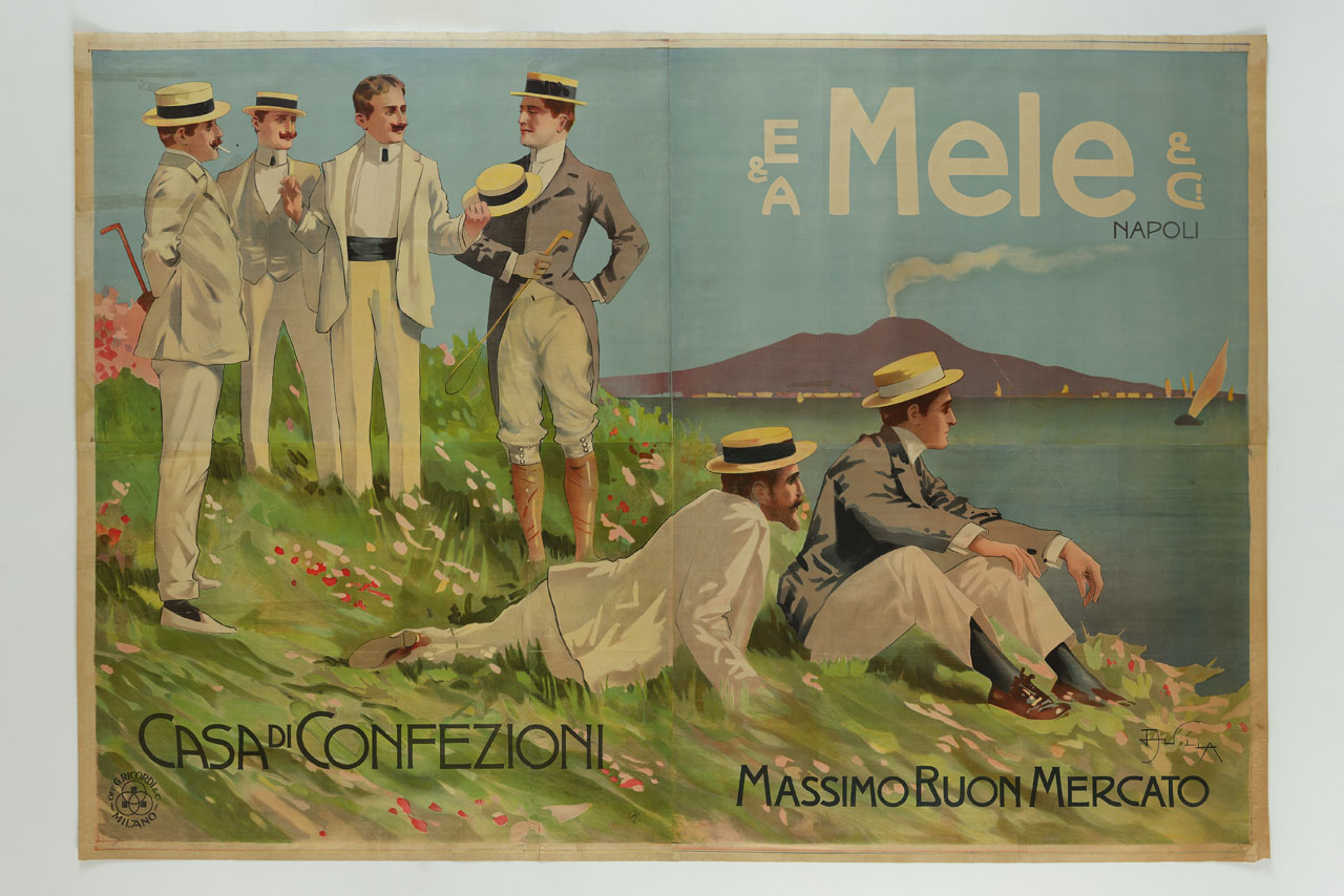 sei uomini elegantemente vestiti chiacchierano e osservano una gara di vela sul golfo di Napoli (manifesto, stampa composita) di Villa Aleardo (sec. XX)