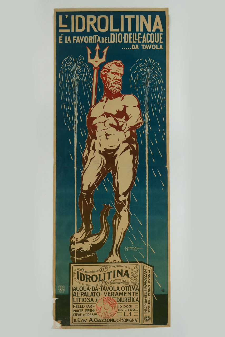 statua di Nettuno di Giambologna sulla confezione di Idrolitina con zampilli d'acqua (manifesto, stampa composita) di Majani Augusto detto Nasica (sec. XX)