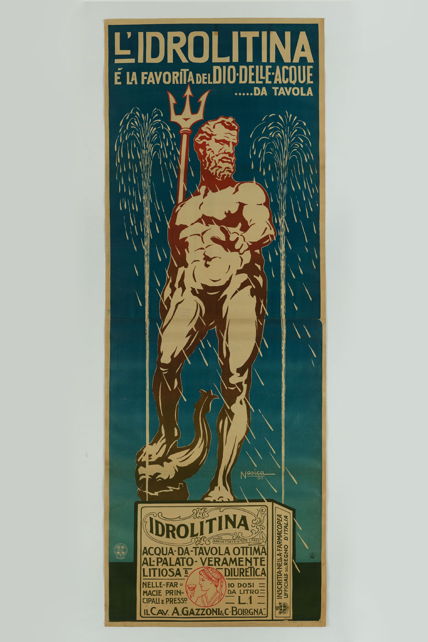 statua di Nettuno di Giambologna sulla confezione di Idrolitina con zampilli d'acqua (manifesto, stampa composita) di Majani Augusto detto Nasica (sec. XX)