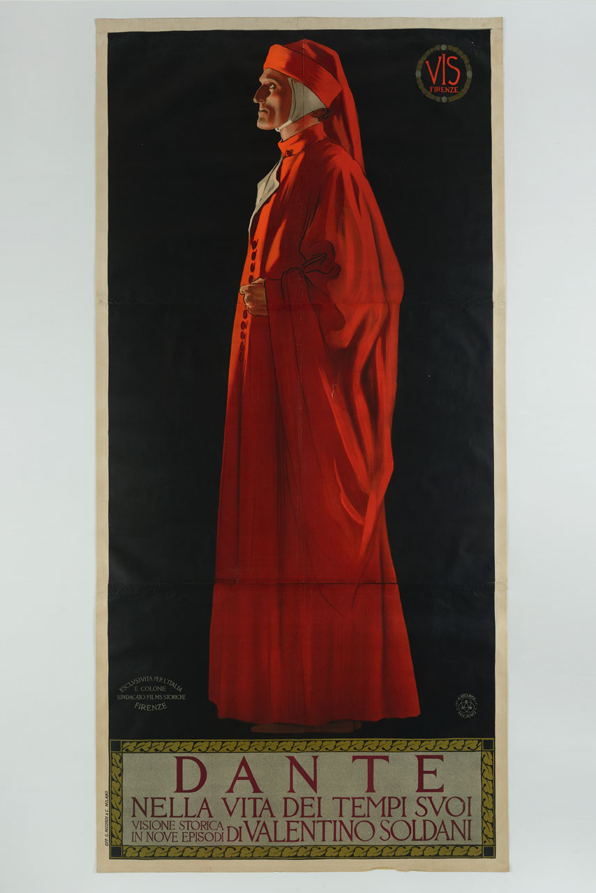 attore in abiti di Dante Alighieri (manifesto, stampa composita) - ambito toscano (sec. XX)