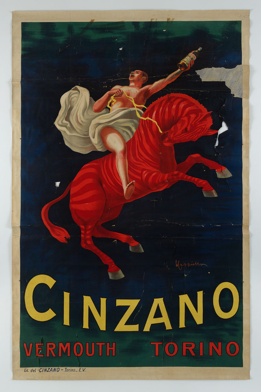 uomo nudo coperto da un lenzuolo brandisce una bottiglia in groppa ad un cavallo dal manto zebrato (manifesto, stampa composita) di Cappiello Leonetto (sec. XX)