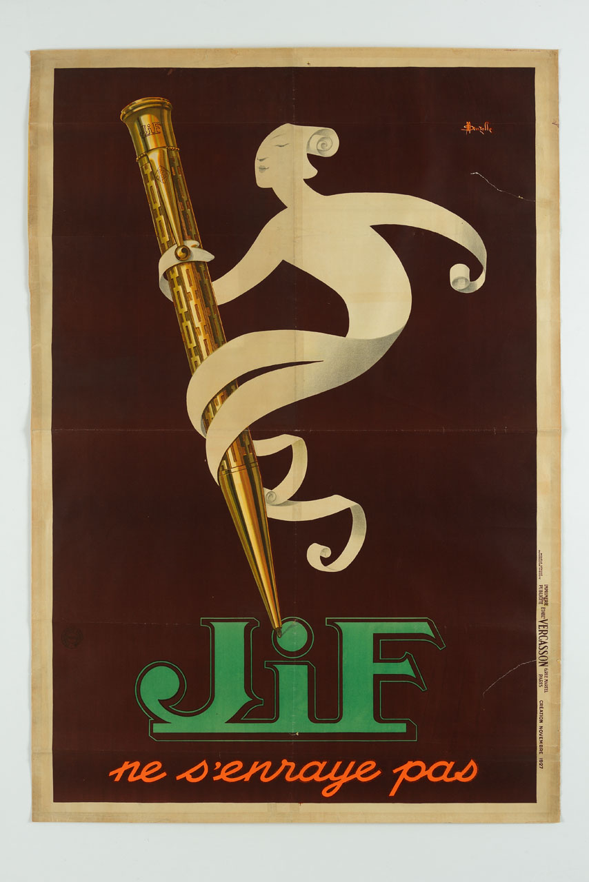 ritaglio di carta in sembianze femminili attorcigliato ad una penna JiF (manifesto) di Auzolle Marcellin detto Marcel (sec. XX)