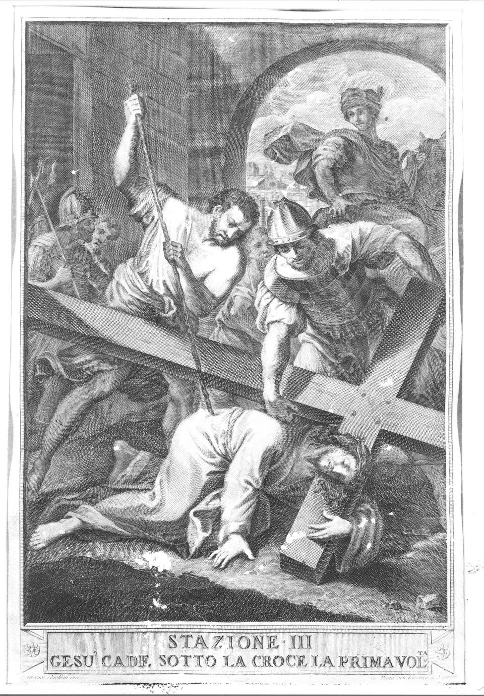 Stazione III: Gesù cade sotto la croce la prima volta (stampa, elemento d'insieme) di Bombelli Pietro Leone (sec. XIX)