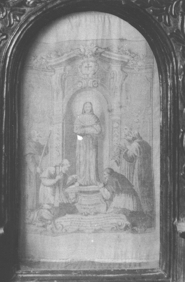 San Francesco d'Assisi con Papa Nicola V, vescovo e frati francescani (stampa) - ambito italiano (sec. XVIII)