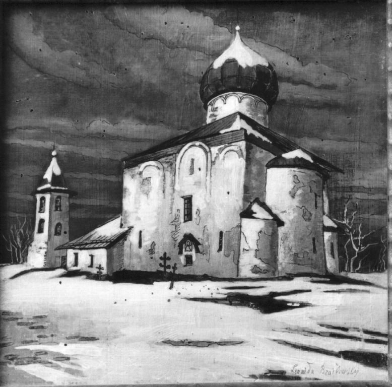 chiesa russa innevata (dipinto) di Brailonsky Leonida (sec. XX)