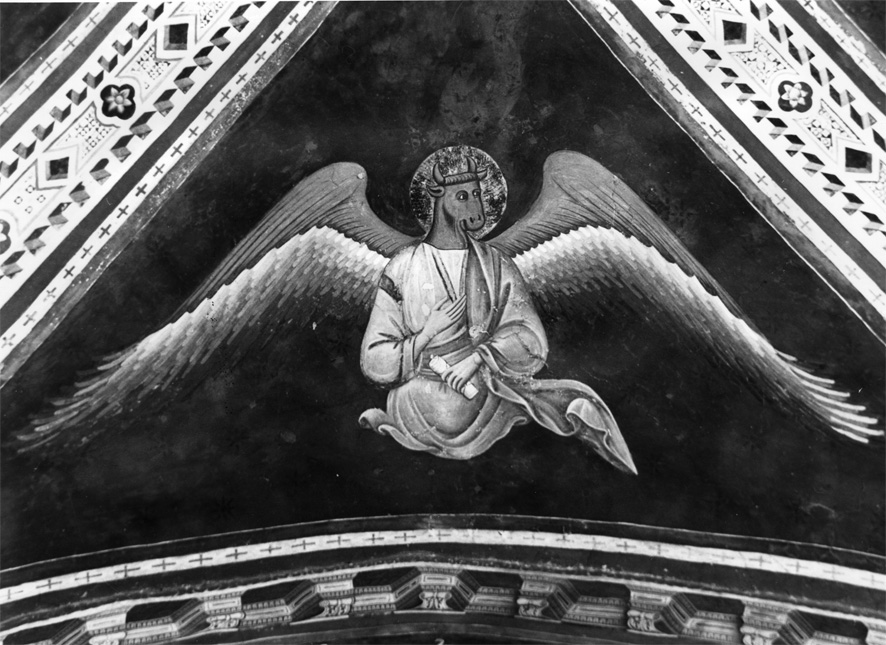 simbolo di San Luca: figura umana con testa di bue (dipinto) - ambito romano (seconda metà sec. XIII)
