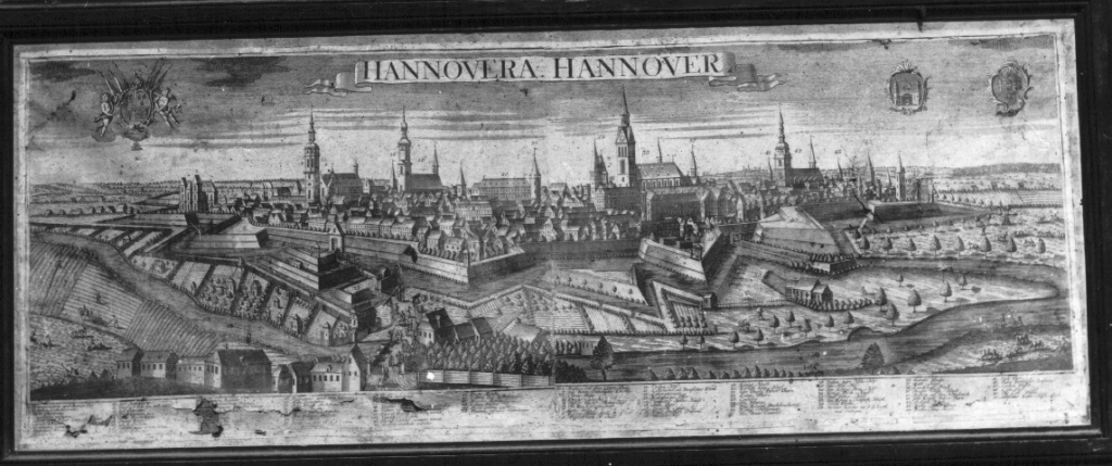Hannovera. Hannover, veduta di Hannover (stampa) di Probst Johann Balthasar (metà sec. XVIII)