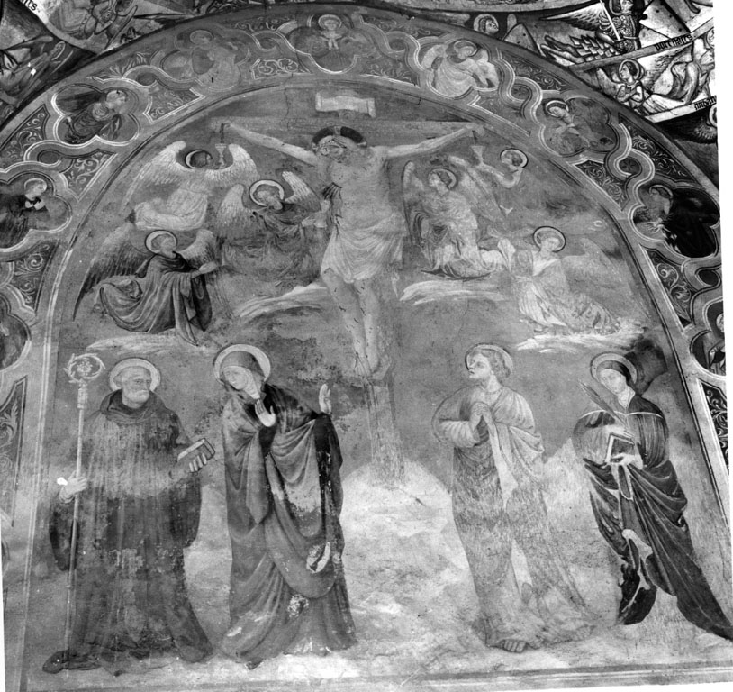 Crocifissione di Cristo con la Madonna, San Giovanni Evangelista, San Benedetto e Santa Scolastica (dipinto) - ambito umbro (sec. XV)