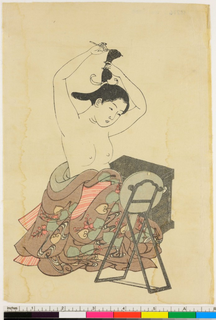 beltà a petto nudo che spazzola i capelli (stampa, serie) di Katsukawa Shunshō - ambito giapponese (sec. XVIII)