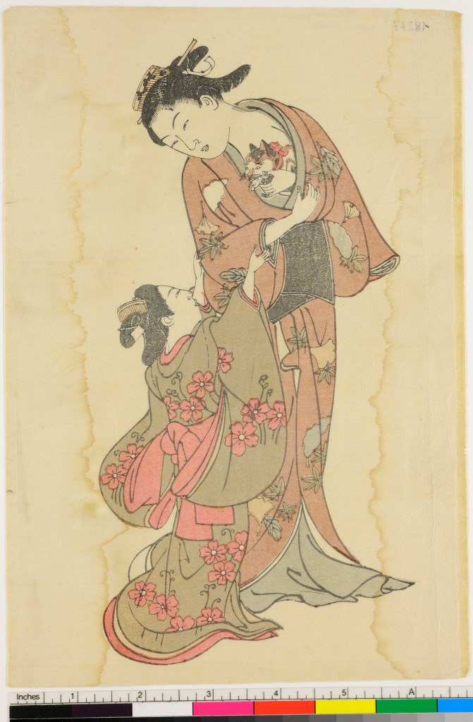 beltà con un gatto in braccio e una maiko che la accompagna (stampa, serie) di Katsukawa Shunshō - ambito giapponese (sec. XVIII)
