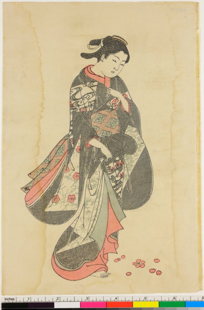 beltà che guarda dei petali di ciliegio per terra (stampa, serie) di Katsukawa Shunshō - ambito giapponese (sec. XVIII)