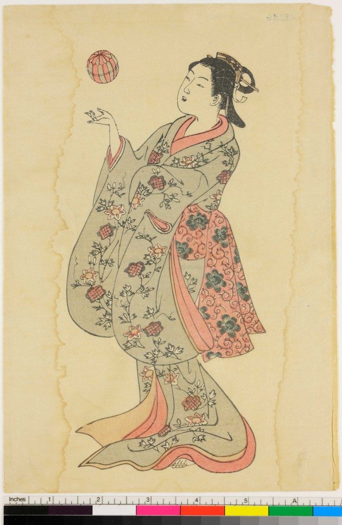 beltà che gioca con una palla di pezza (stampa, serie) di Katsukawa Shunshō - ambito giapponese (sec. XVIII)
