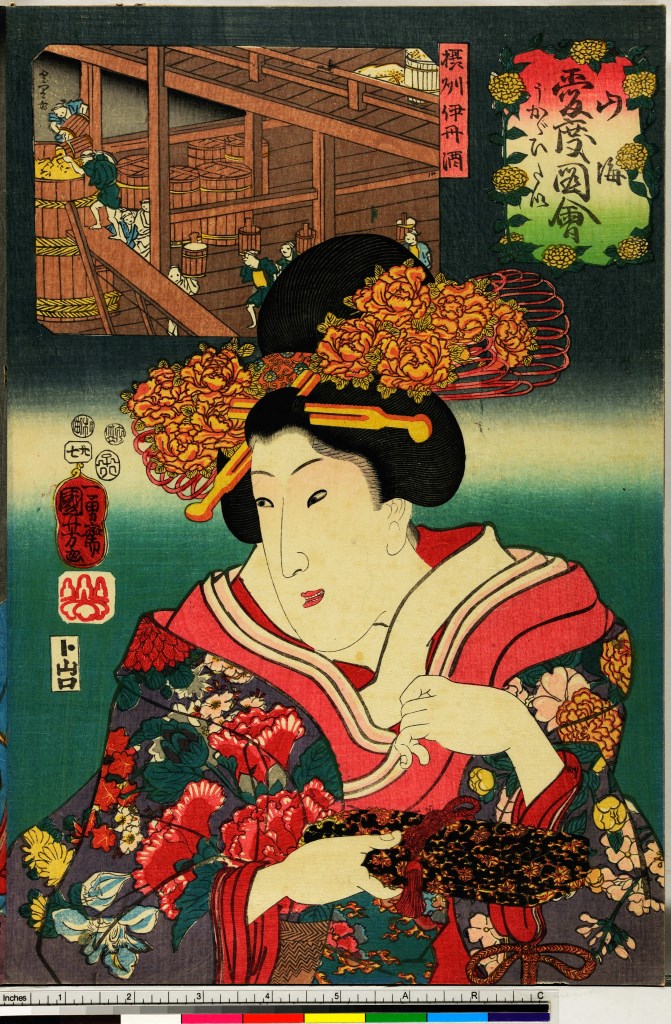 donna con kimono rosso e raffigurazione retrostante (stampa, serie) di Utagawa Yoshitorijo, Ichiyusai Kuniyoshi - ambito giapponese (sec. XIX)
