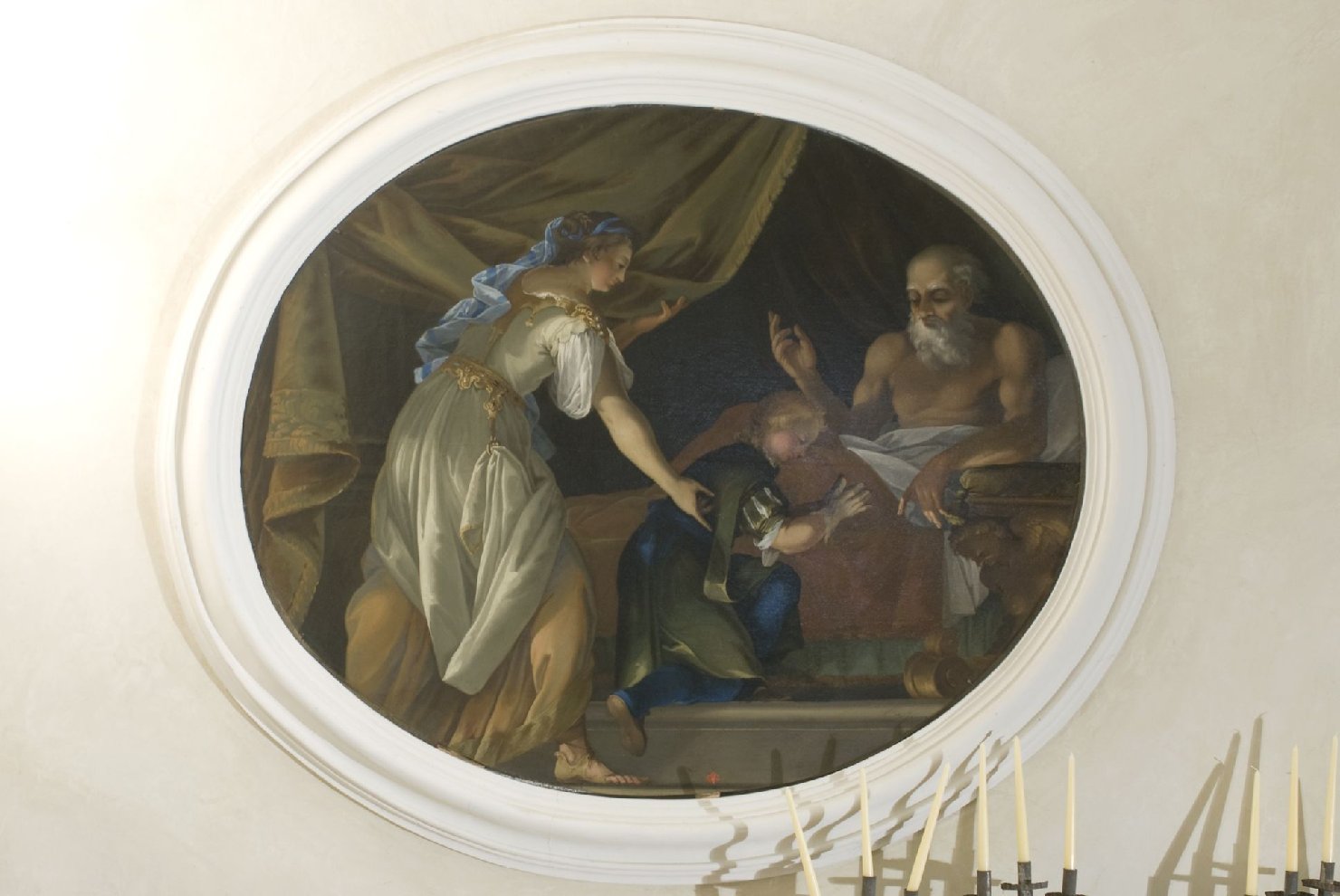 Isacco sul letto benedice Giacobbe travestito con le vesti di Esau' (dipinto, coppia) di Battini Mattia (attribuito) (fine/ inizio secc. XVII/ XVIII)