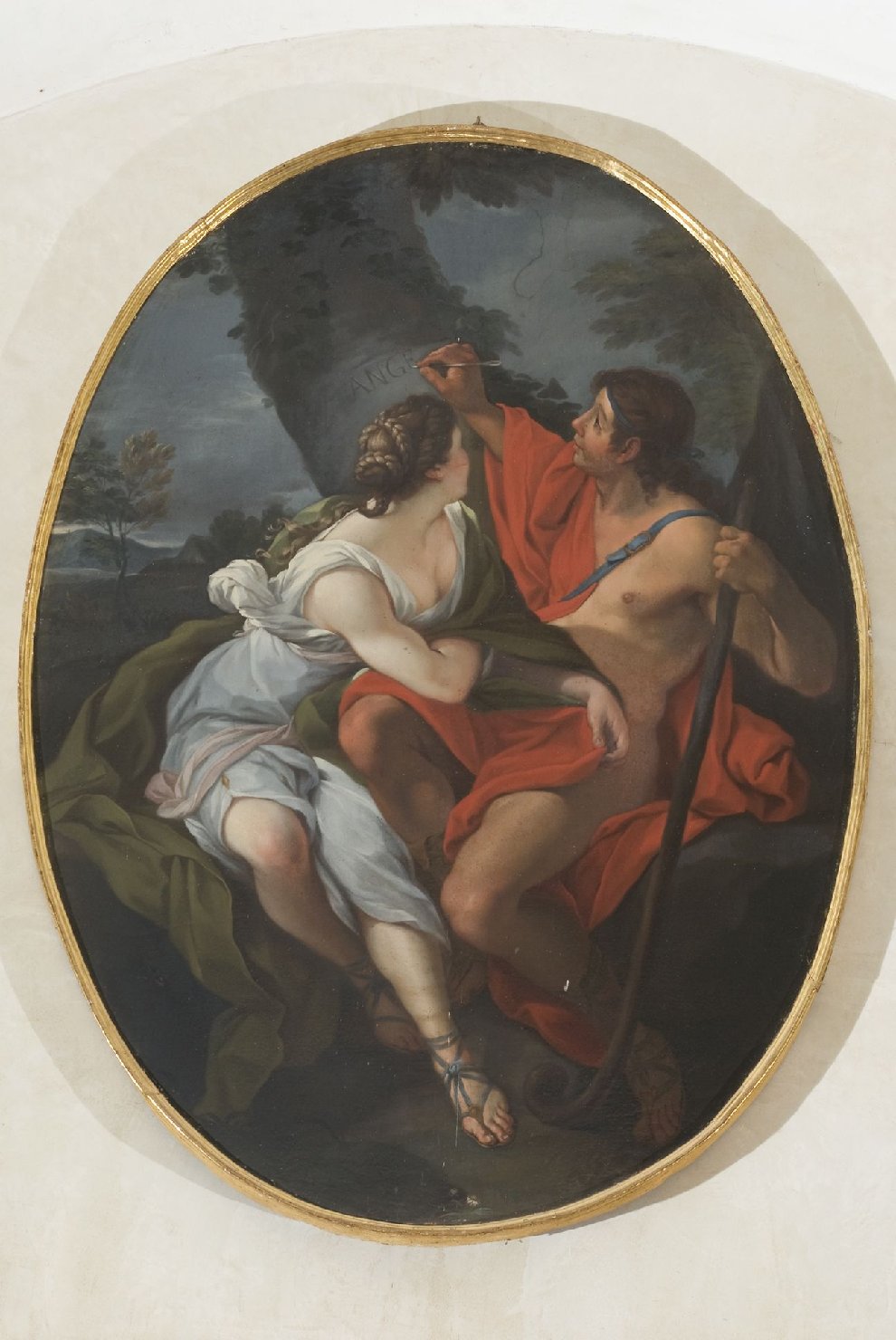 Angelica e Medoro incidono i loro nomi sulla corteccia dell'albero (dipinto, elemento d'insieme) di Angelucci, Luca Antonio (attribuito) (fine/ inizio secc. XVII/ XVIII)