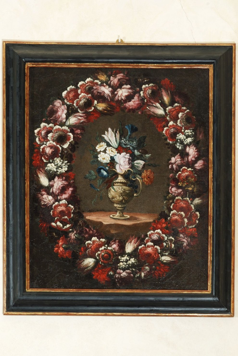 vaso con fiori, vaso di fiori entro ghirlanda (dipinto, elemento d'insieme) - ambito perugino (sec. XVII)