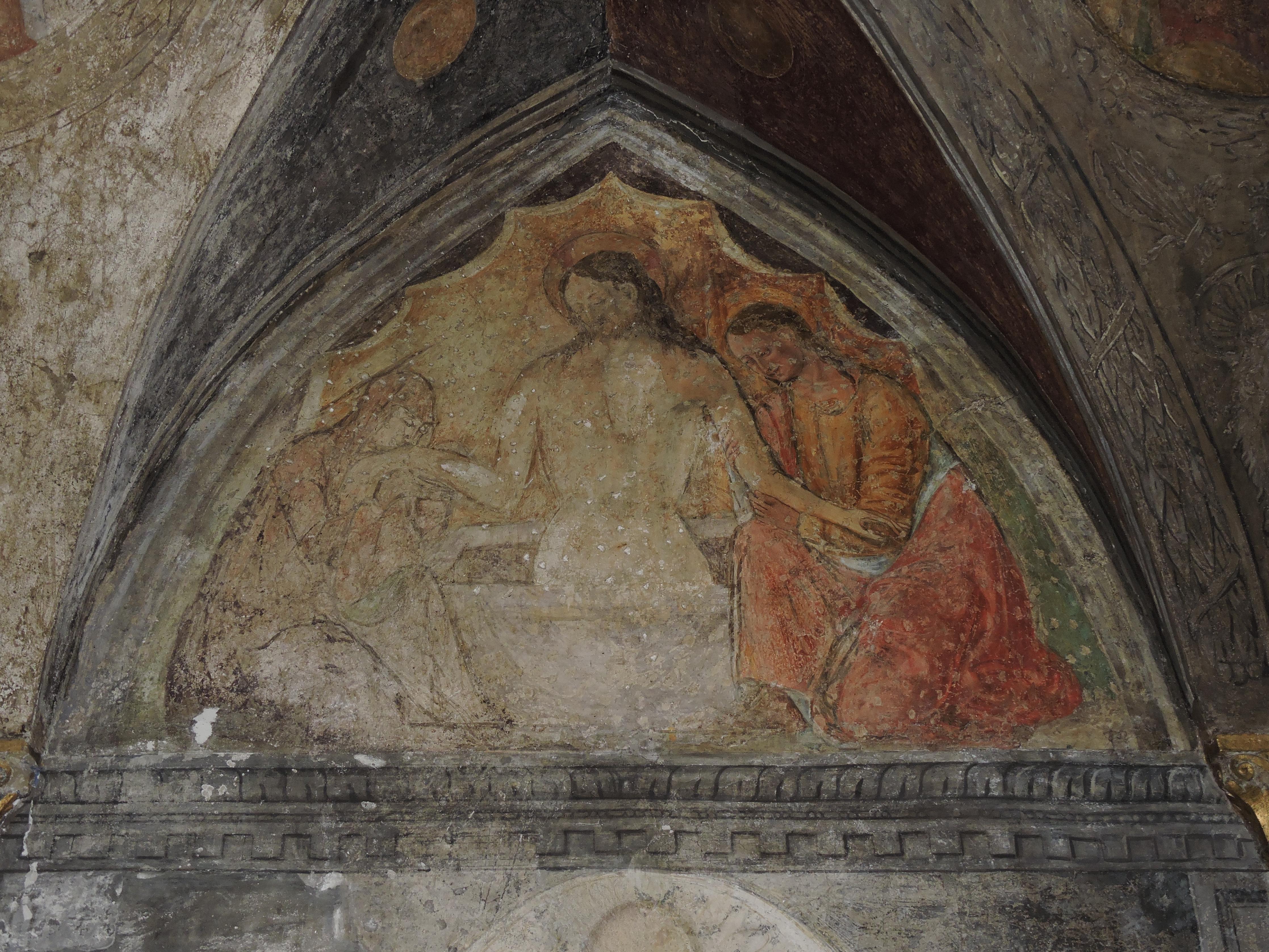 Pietà, Cristo in pietà tra la Vergine e San Giovanni (dipinto) - ambito Italia centro-settentrionale (prima metà sec. XV)