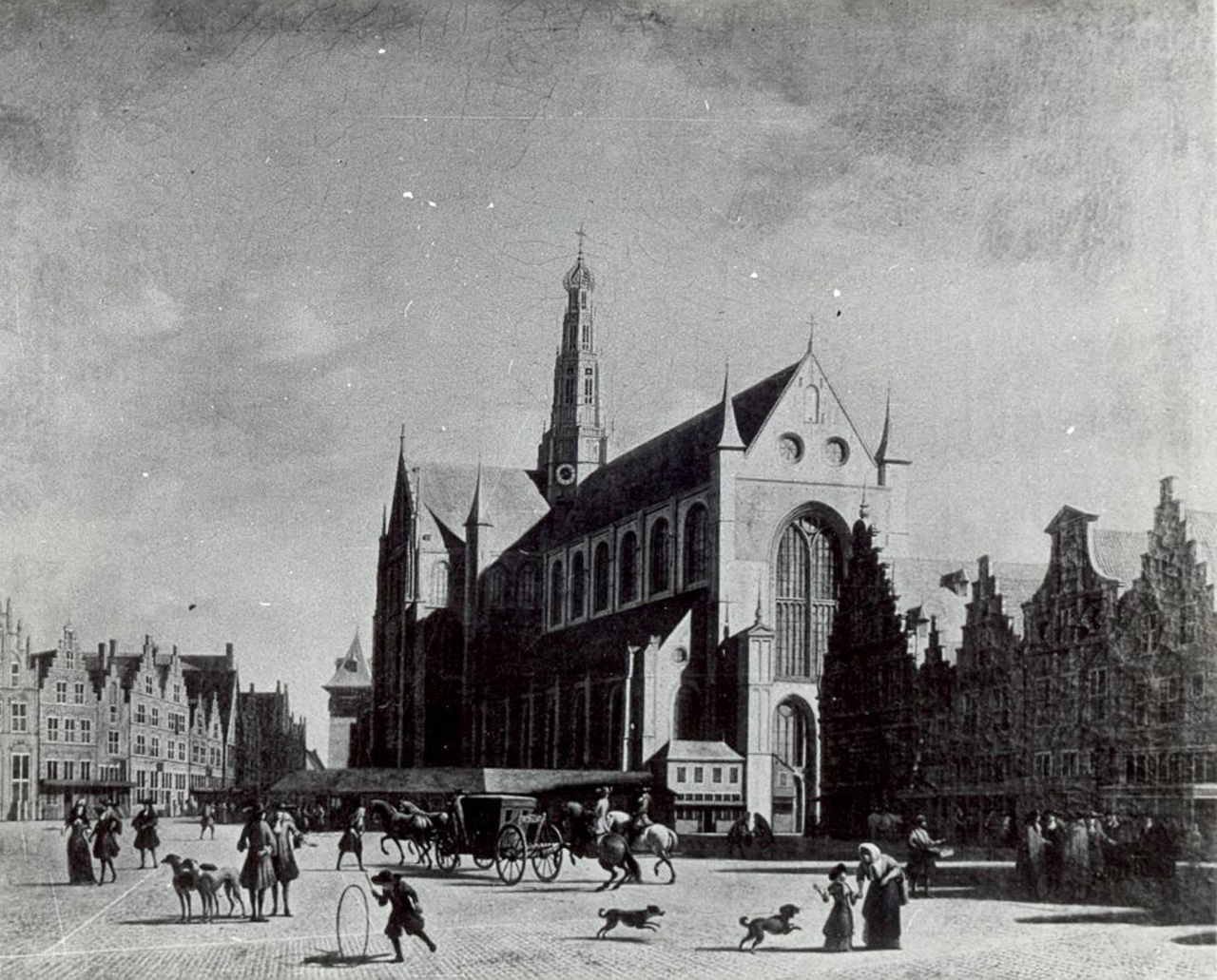 veduta di Haarlem con la chiesa di S. Bavone e il Groote Markt (dipinto) di Berckheyde Gerrit Adriaensz (sec. XVII)