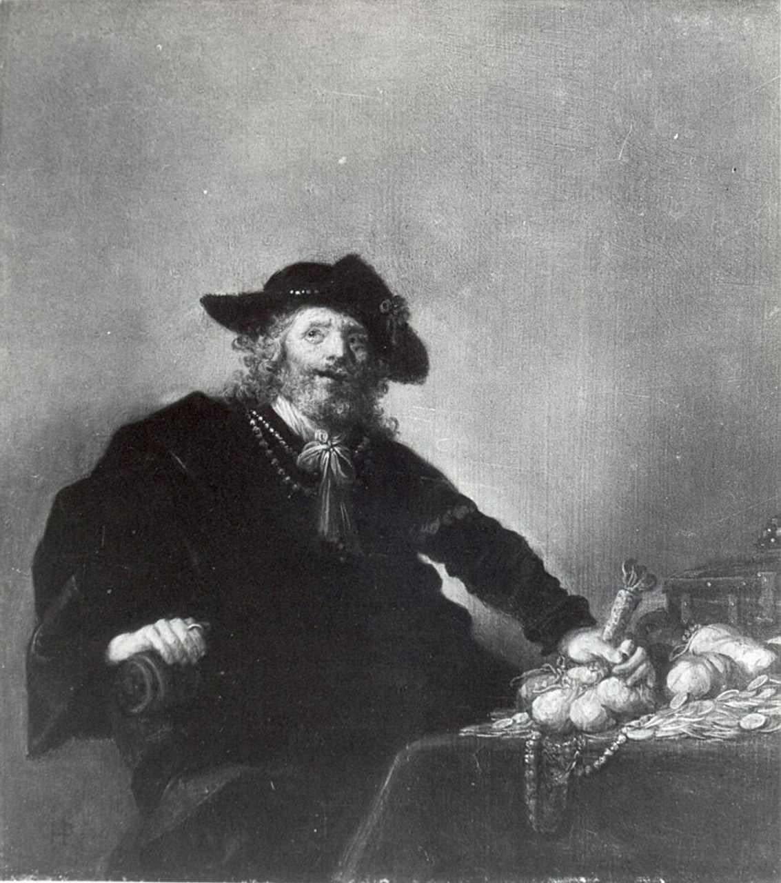 l'avaro, uomo con monete (dipinto) di Pot Hendrick Gerritz (sec. XVII)