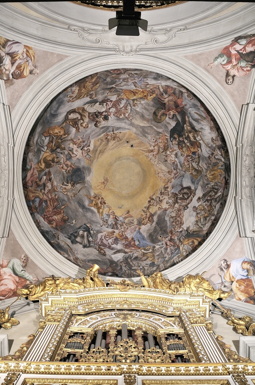 Madonna in gloria con la Trinità e santi/ evangelisti (dipinto murale, ciclo) di Gherardini Alessandro (sec. XVIII)