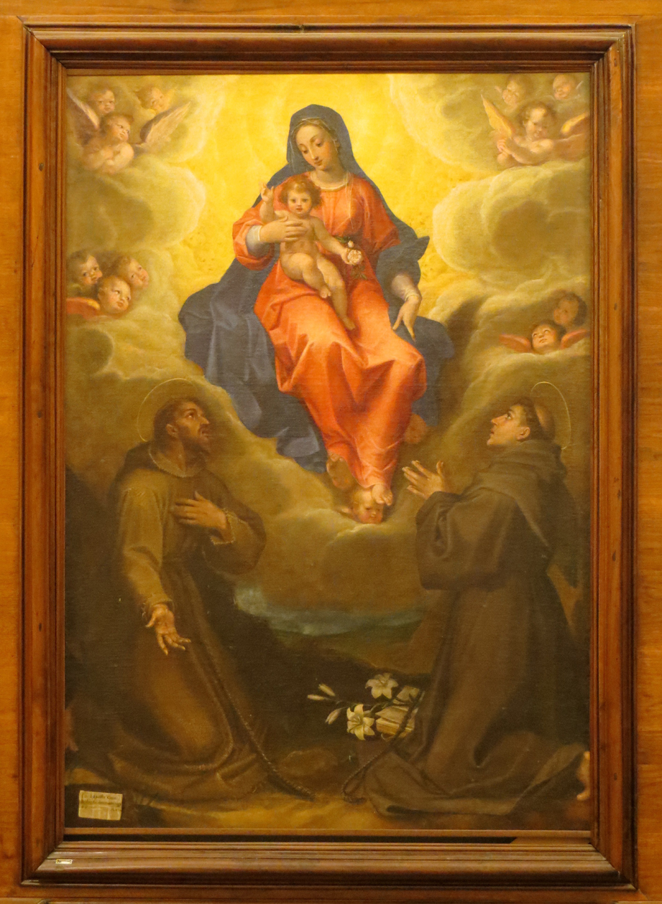 Madonna con Bambino e santi Francesco d'Assisi e Antonio da Padova (dipinto) di Roncalli Cristoforo detto Pomarancio (attribuito) (fine/ inizio secc. XVI/ XVII)