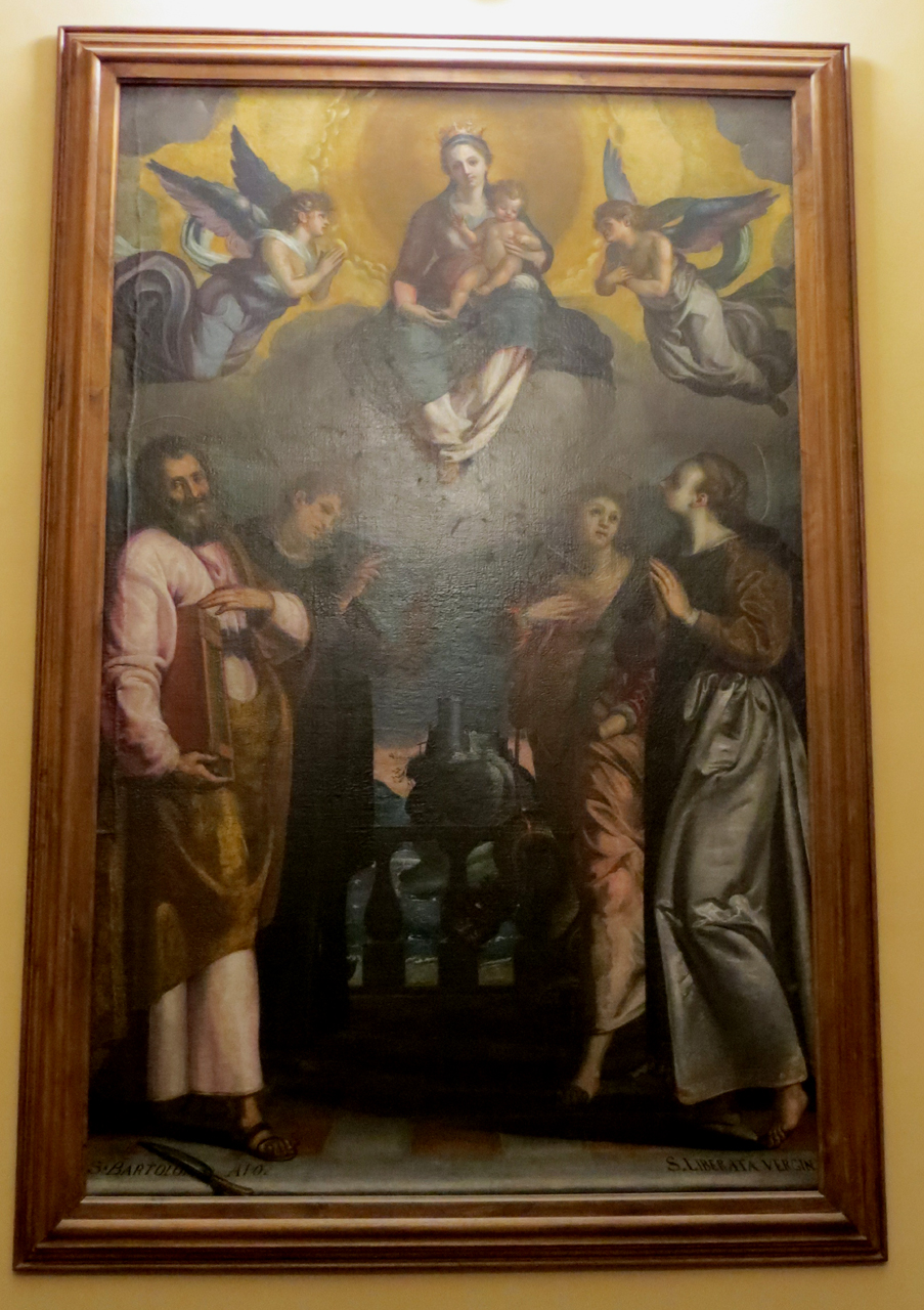 Madonna con Bambino e santi Bartolomeo, Giovanni Evangelista, Margherita d'Antiochia e Liberata (dipinto) - ambito marchigiano (sec. XVII)