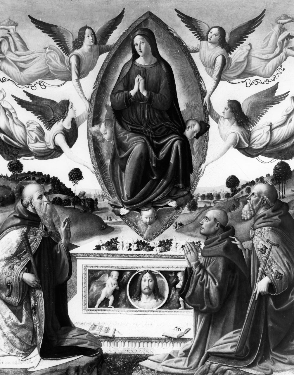 Assunzione della Madonna tra San Benedetto, San Giovanni Gualberto e donatore (dipinto) di Rosselli Cosimo (attribuito) (secc. XV/ XVI)