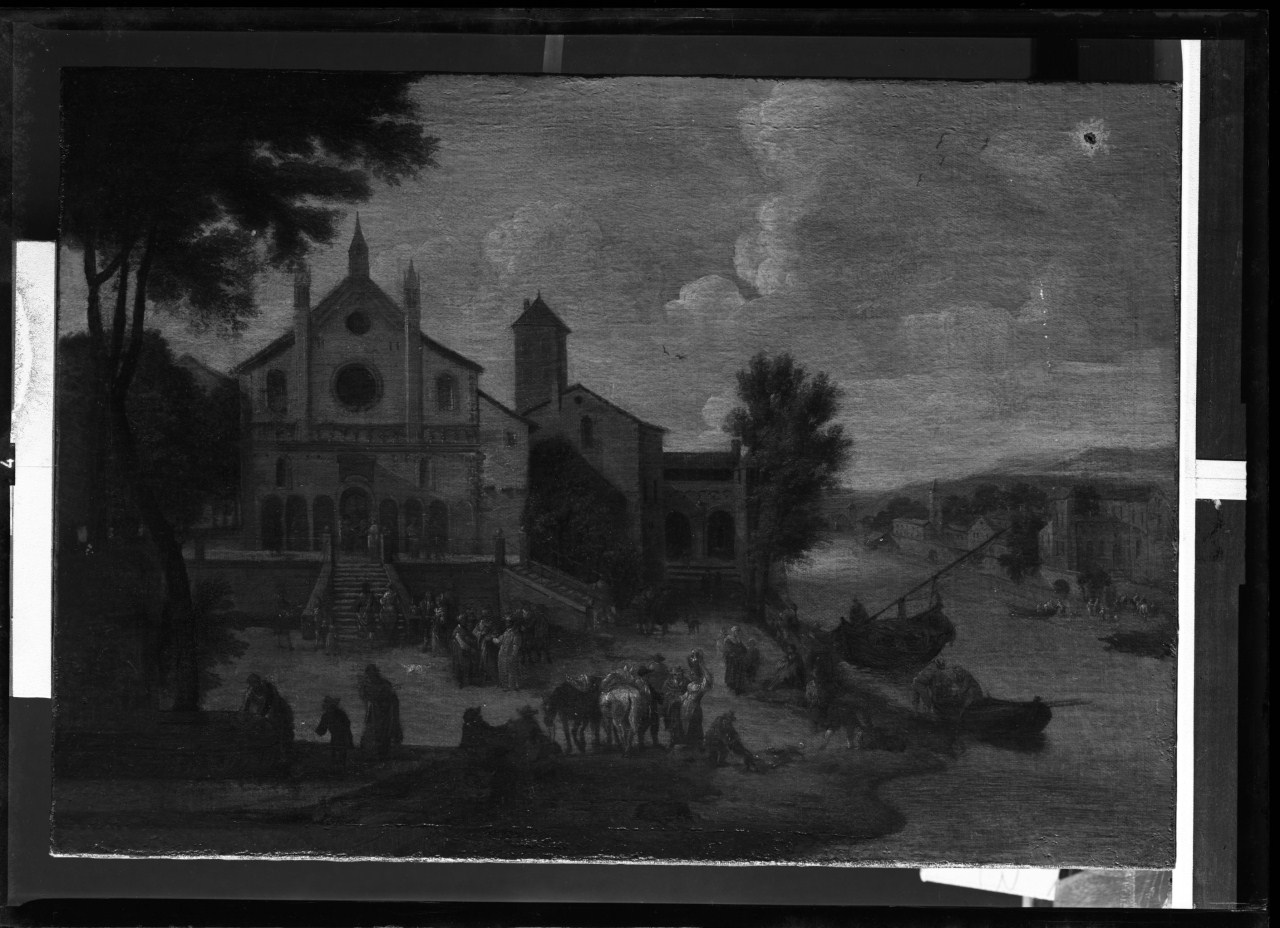 Paesaggio fluviale con chiesa; olio su tela; Baudewijns e Bout (negativo) di Baudewijn Adrien-François, Bout Pieter, Vermehren, Augusto (seconda metà XX)