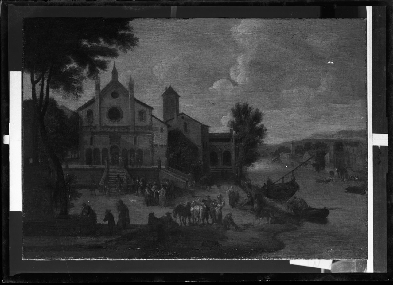 Paesaggio fluviale con chiesa; olio su tela; Baudewijns e Bout (negativo) di Baudewijn Adrien-François, Bout Pieter, Vermehren, Augusto (seconda metà XX)
