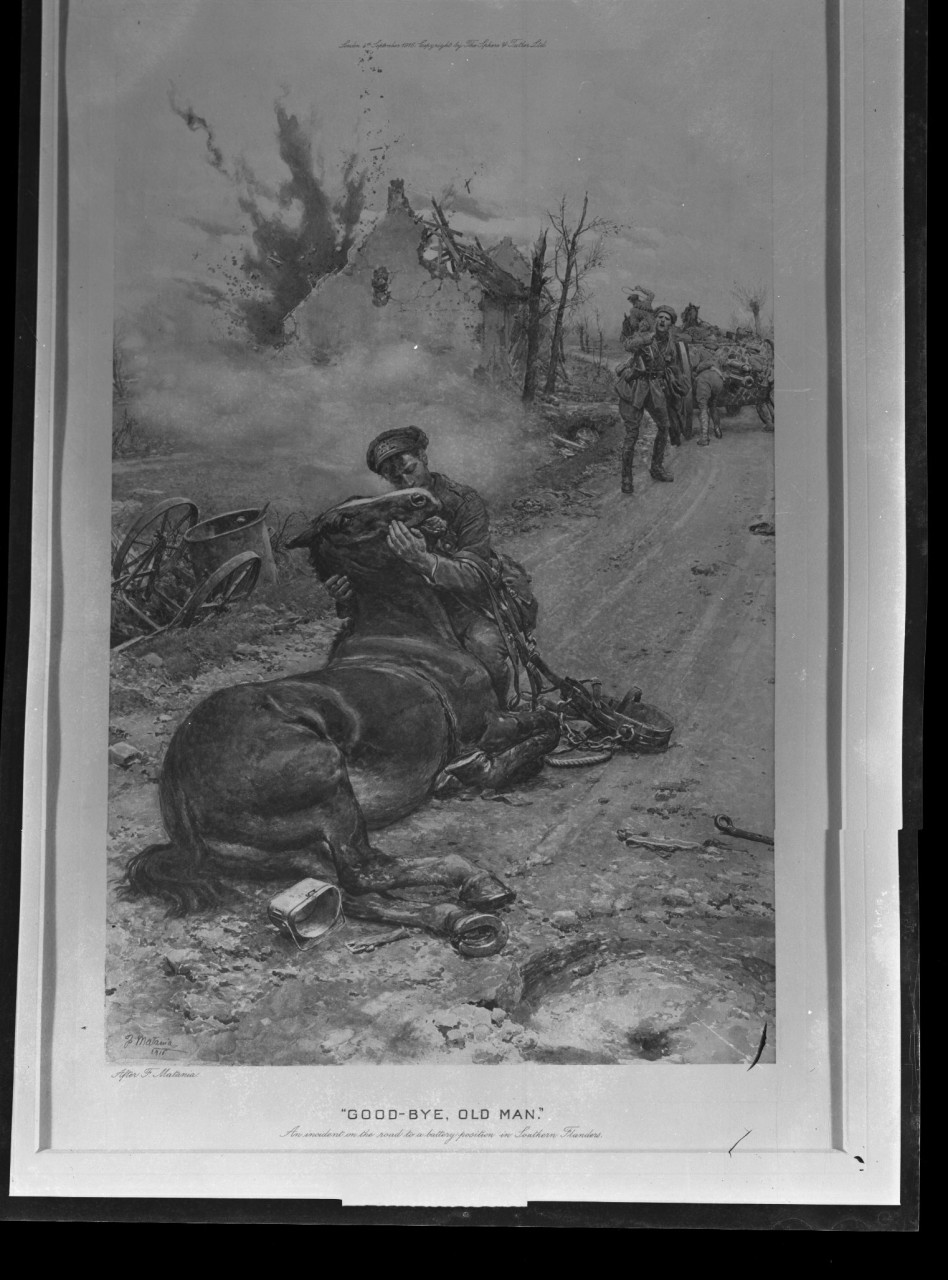 "Good-Bye Old Man" Soldato con cavallo morente; disegno su carta; Matania (negativo) di Matania F, Vermehren, Augusto (seconda metà XX)
