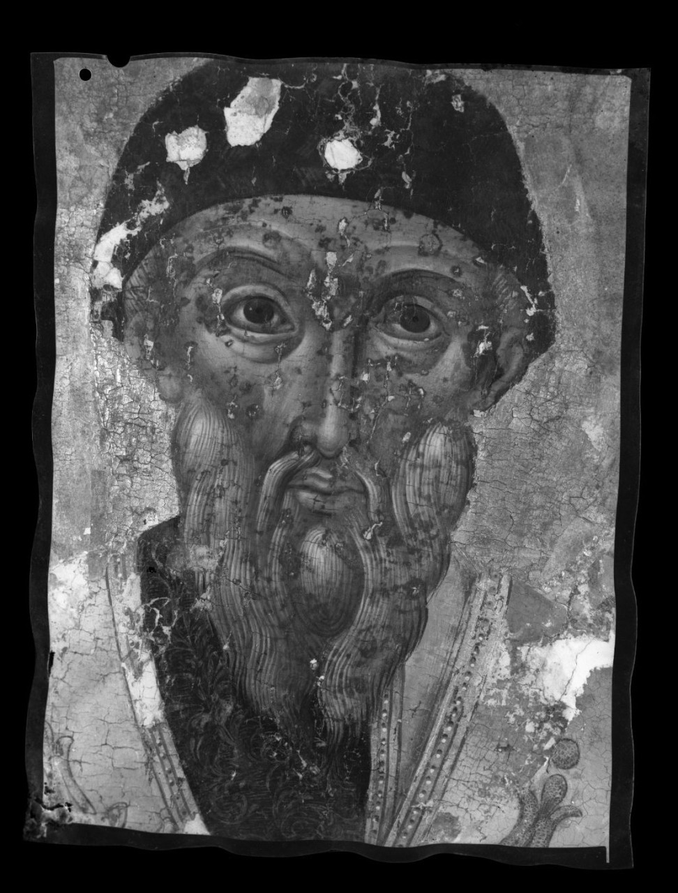 Santo bizantino; dipinto su tavola - Particolare del volto (negativo) di Vermehren, Augusto - ambito greco (seconda metà XX)
