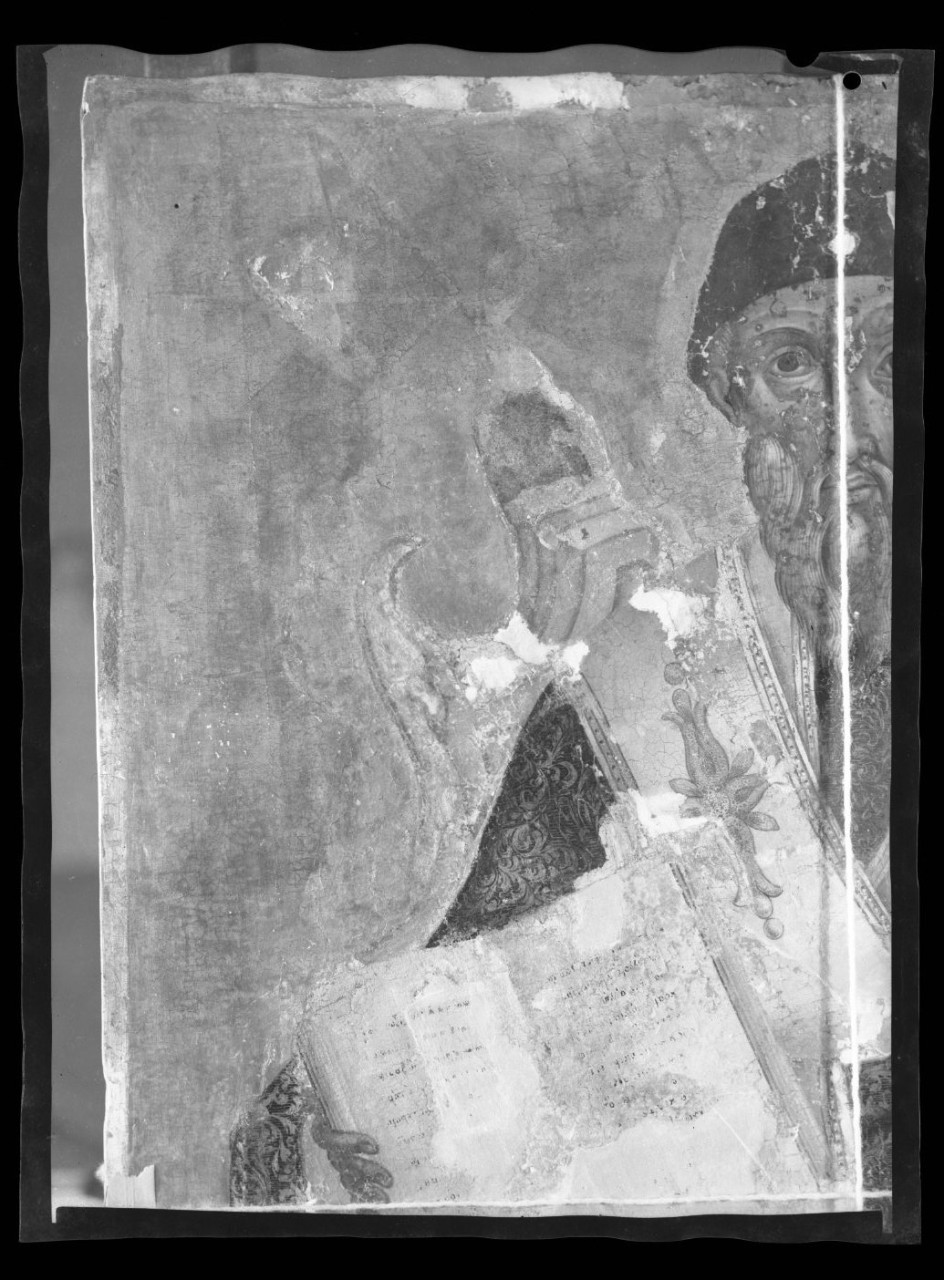 Santo bizantino; dipinto su tavola - Particolare della parte superiore sinistra (negativo) di Vermehren, Augusto - ambito greco (seconda metà XX)