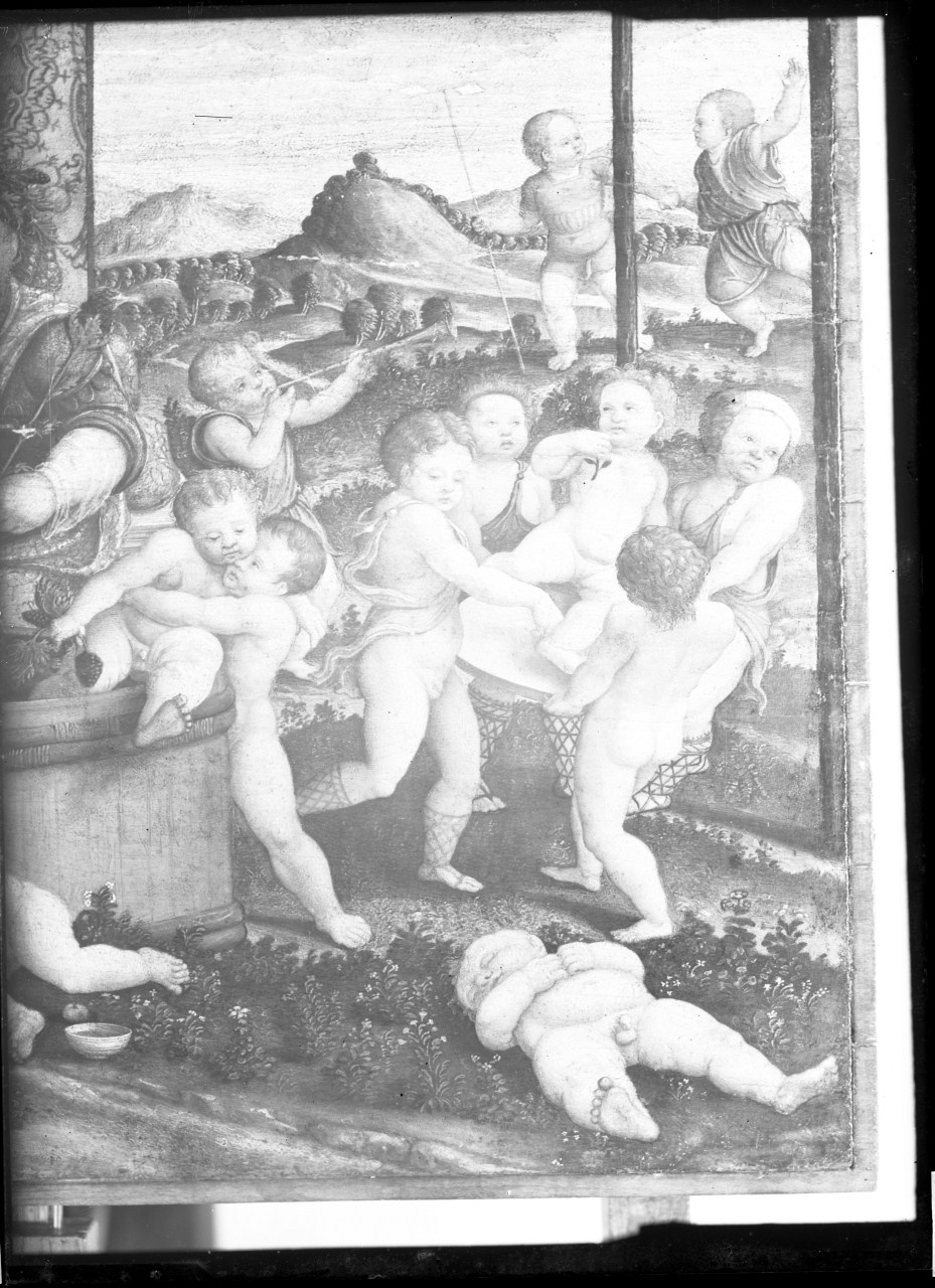 Baccanale; dettaglio dei putti danzanti sulla sinistra; dipinto su tavola (negativo) di Vermehren, Augusto - ambito del centro Italia (prima metà XX)