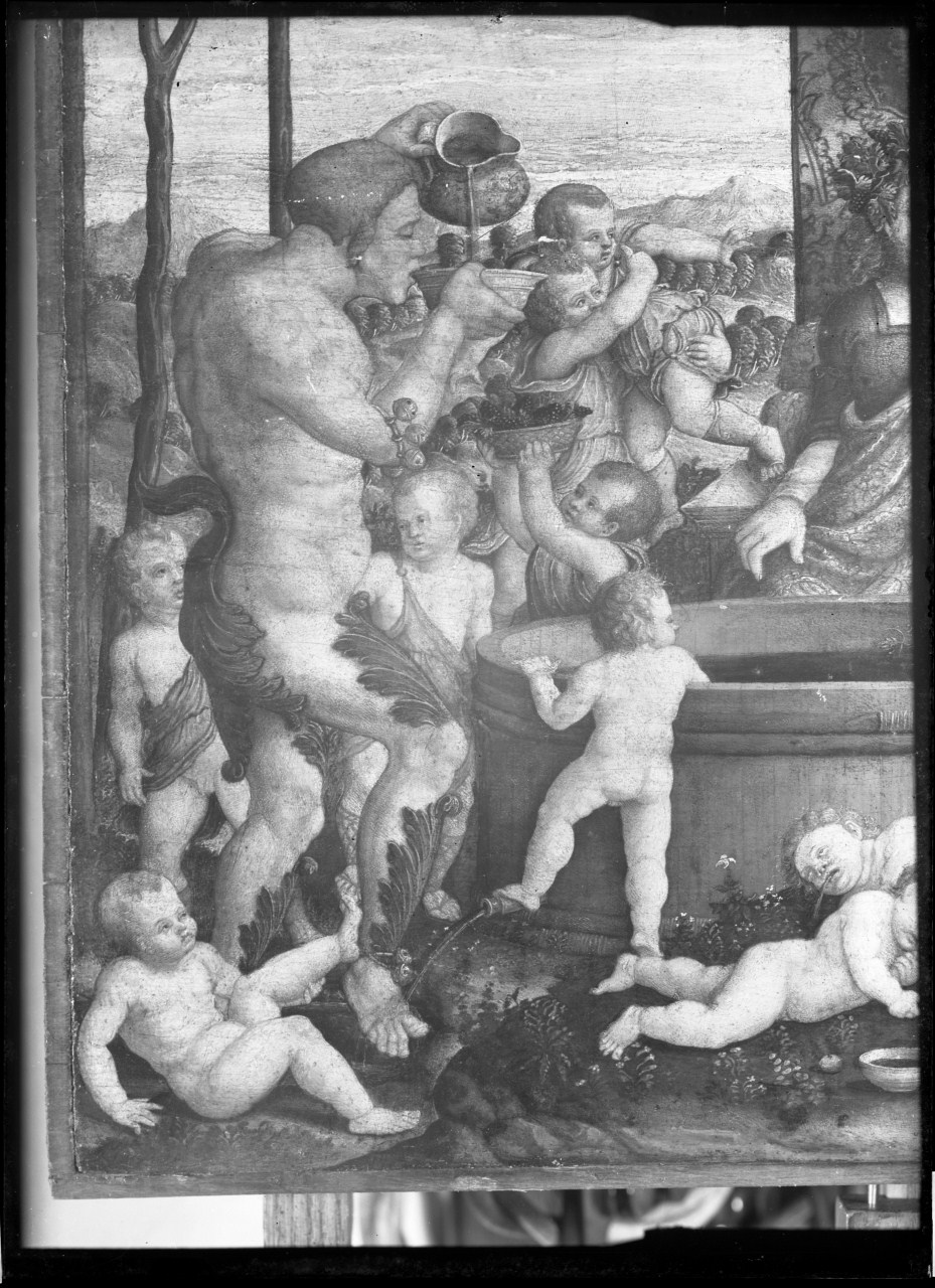 Baccanale; dettaglio del satiro e dei putti che bevono sulla destra; dipinto su tavola (negativo) di Vermehren, Augusto - ambito del centro Italia (prima metà XX)