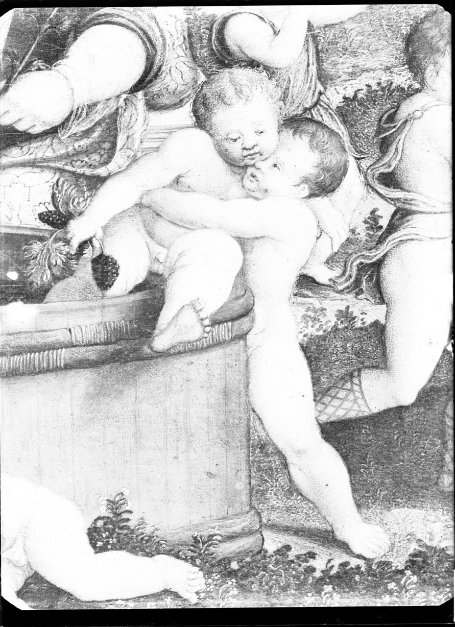 Baccanale; dettaglio del putto che aiuta un altro ad uscire dalla vasca; dipinto su tavola (negativo) di Vermehren, Augusto - ambito del centro Italia (prima metà XX)