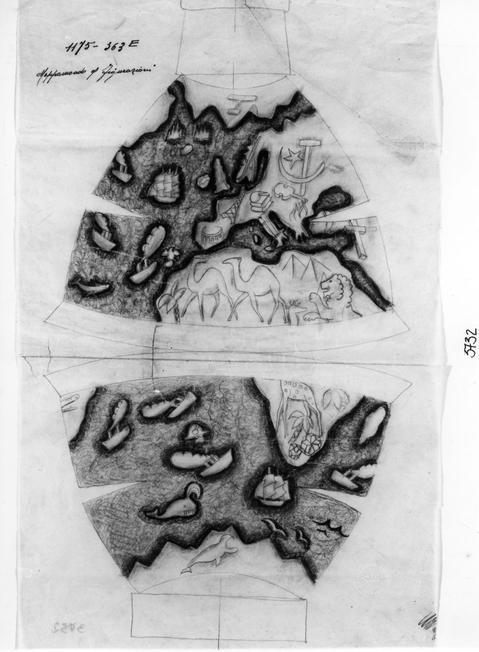 sviluppo lineare di sezione di vaso con carta geografica ed altro (disegno) di Ponti Giovanni (sec. XX)
