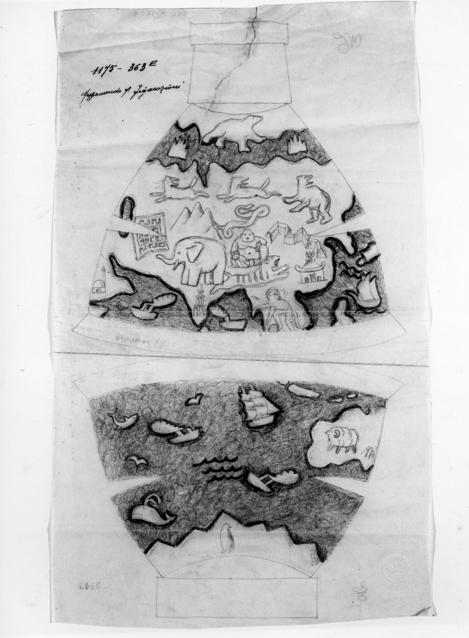sviluppo lineare di sezione di vaso con carta geografica ed altro (disegno) di Ponti Giovanni (sec. XX)
