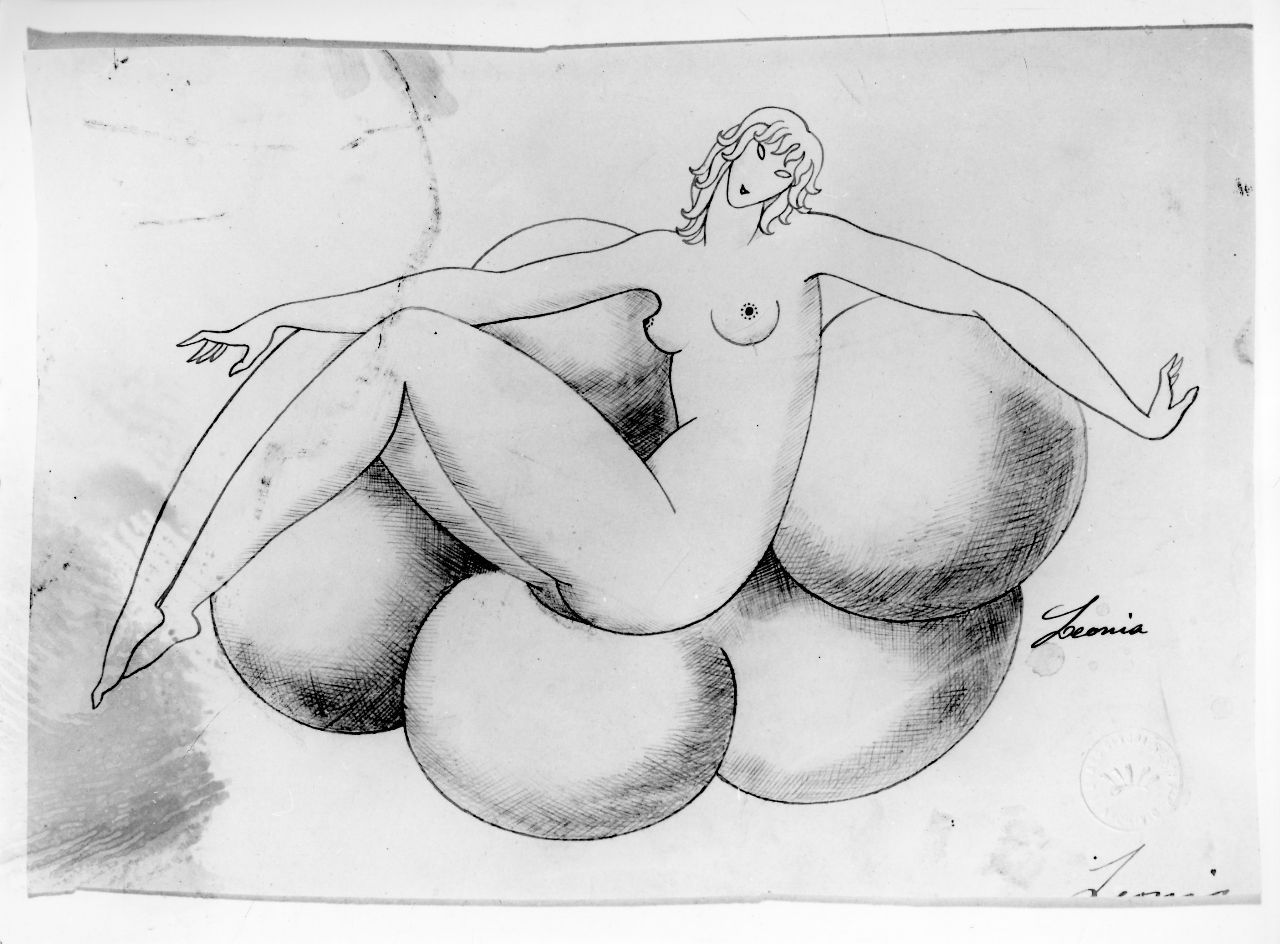 Leonia, figura femminile nuda su nubi (disegno preparatorio) di Ponti Giovanni (sec. XX)