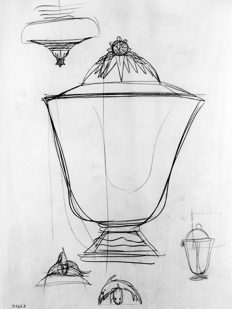 vasi e teiere di varia foggia (disegno) di Ponti Giovanni (sec. XX)