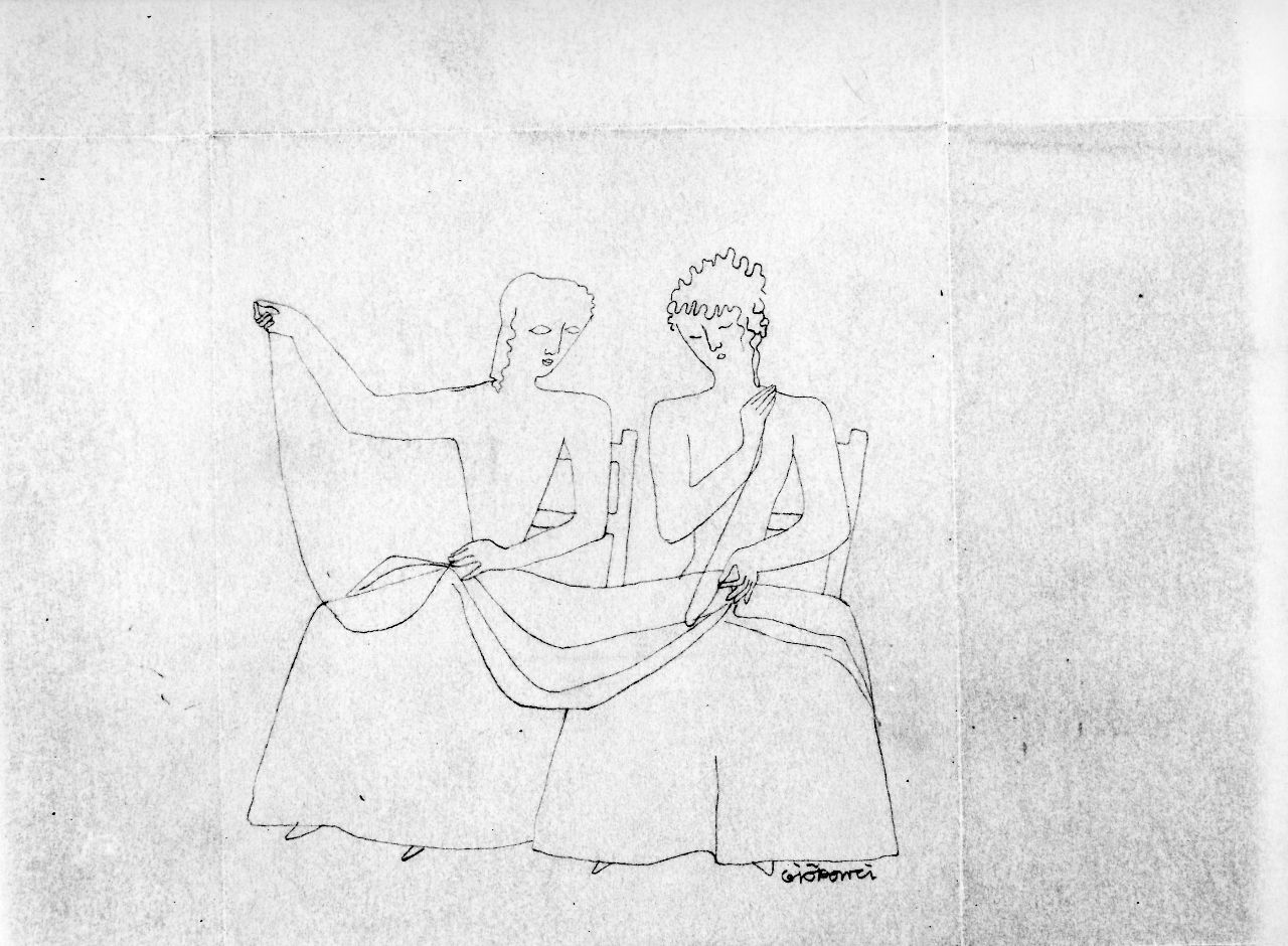 figure femminili sedute su sedie che cuciono (disegno) di Ponti Giovanni (sec. XX)